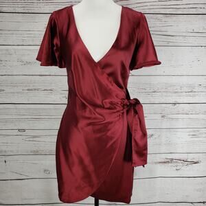 Saints + Secrets  Red Satin Cap Sleeve Wrap Dress Size Small